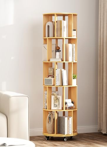 yeshine Rotating Bookshelf, 5-Tier Corner Bookcase, 360° Revolving Bookcase with Wheels, Revolving Book Shelf Tower with 4 Castors, 46 x 46 x 165.5 cm, Wood Colour