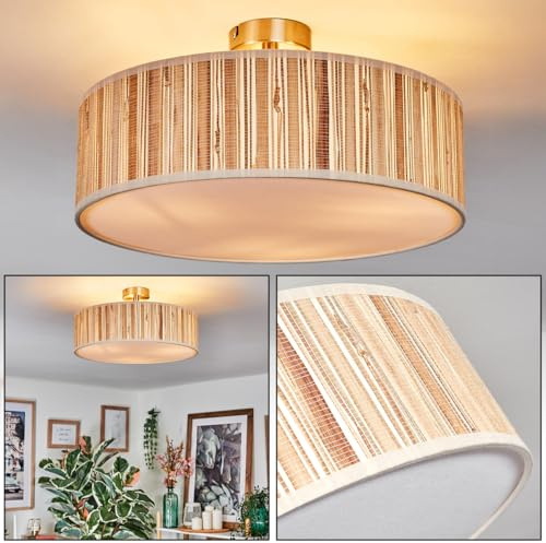 HOFSTEIN Deckenleuchte Foggia, Deckenlampe aus Metall/Seegras/Stoff/Kunststoff in Nickel-matt/Naturfarben/Weiß, runde Boho Leuchte (Ø 40 cm), E27, Esszimmer, Wohnzimmer, Schlafzimmer, Küche, Flur