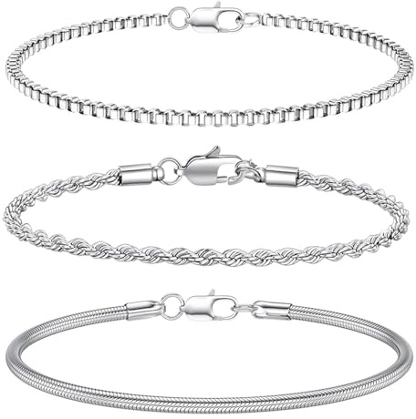 XSDSLS 3 Pièces Bracelet Argent pour Homme Bracelet en Acier Inoxydable Empilable Gourmette Chaîne Chaîne Torsadée Manchette Serpent Cadeaux pour Homme (17 cm)