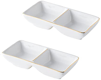 Ciotole per Immersione, Ciotole per Salsa, Design con Bordo Dorato, 2 Scomparti, in Porcellana, per contorni, Piatti per condimenti, Piatti per Salsa di soia, Set da 2, Bianco (setb)
