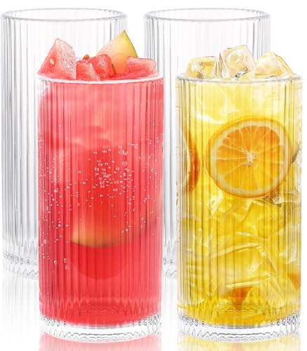 YOUNTHYE Drinking Glasses Set of 4, Origami Style Drinking Glass 12oz Glass Cups Vintage Ribbed Glassware Highball Glasses for Cocktails, Beer, Smoothies, Juice