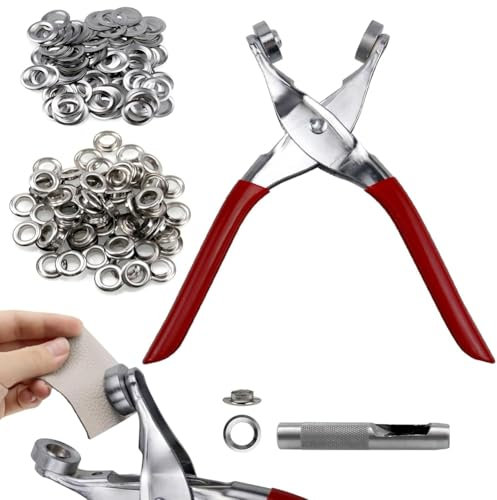 Richeyty Kit de herramientas para ojales de 1/2 pulgada, kit de ojales, pinzas para perforar la piel con 200 ojales de metal plateado para cuero, cinturones, zapatos, tela
