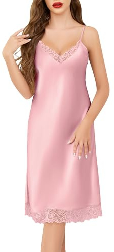 Sopesil Women's Negligees Satin Nightdress Spaghetti Strap Ladies Lace Nighties Chemise Slip V Neck Sleepwear Nightgown, Light pink, M