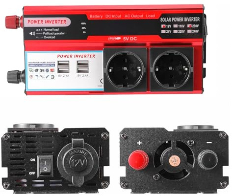 Convertitore 4000W-DC 12V a AC 220V/230V inverter di tensione inverter con 4 porte USB, schermo LED, 2 prese EU, per auto campeggio viaggi emergenza (Rosso)