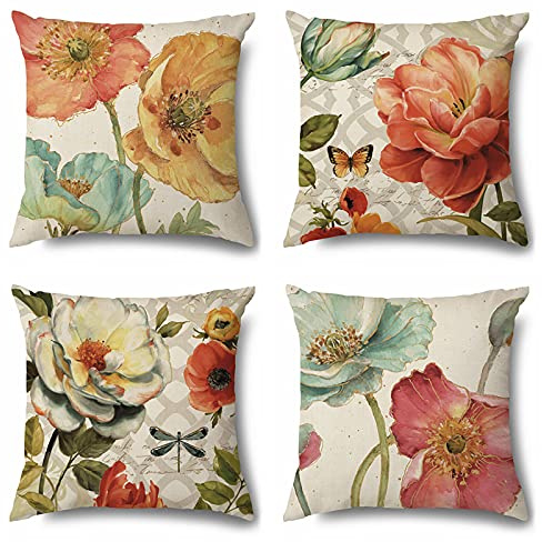 Vgzsyomqib Bunt Blumen Kissenbezug Quadratisch Leinen Sofakissen Kissenbezüge 40x40 Klein Frühling Dekokissen Zierkissen 4er Set Modern Deko Kissenhülle für Sofa Couch Outdoor Wohnzimmer