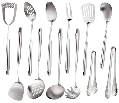 18/10 Stainless Steel Kitchen Utensils Set, 304 Stainless Steel Utensil, 12 PCS Large Metal Cooking Utensil Tools Set