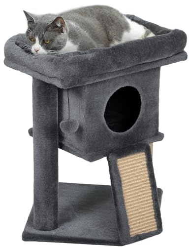 PawHut Kratzbaum 57 cm Kleiner Katzenturm mit Höhle für Katzen Dunkelgrau | Spielball, Große Plattform, Katzenkratzbaum, Kletterbaum, Bis 5 kg