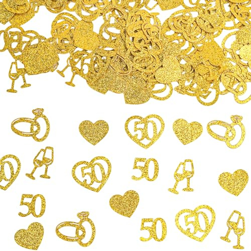 Glitzer Konfetti Goldene Hochzeit Deko - 150 Stück Gold Hochzeitsdeko mit Zahl 50 Ringe Herz Sekt Motiven, 50. Jubiläum Hochzeit Tischdekoration Streudeko