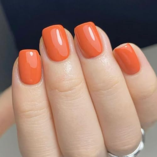 Viugex 24Pcs Press on Nails Court Carrés, Couleur Pure Orange Brillant Faux Ongles avec Autocollants Adhesif, Soft Gel Acrylique Capsules Ongles, Ballerina Faux Ongles à Coller pour Femmes et Filles