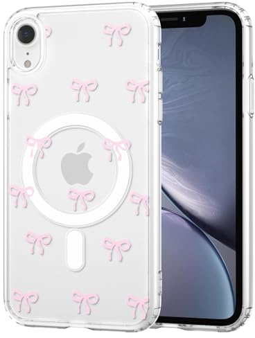 TVVTPU Magnetisch Hülle für iPhone XR Kompatibel mit MagSafe, Aesthetic Schleifen Muster Handyhülle Nie Vergilbung Dünne Transparent Hard PC Rückseite Stoßfester Kratzfest Schutzhülle Case, Rosa