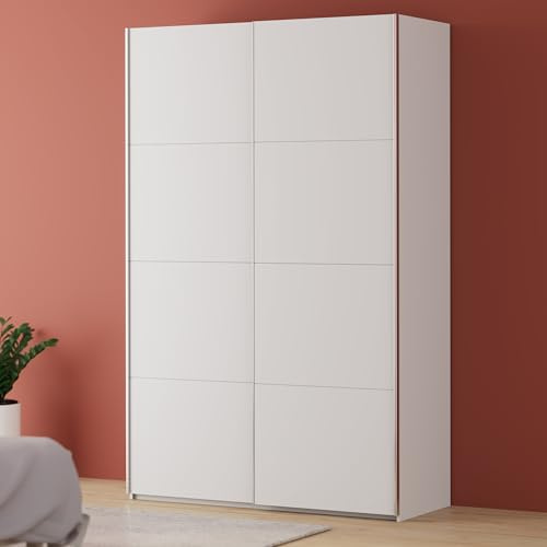Forte FITTIO Kleiderschrank 150, moderner Schwebetürenschrank, 2-türig, Kleiderstange, Einlegeböden, Schlafzimmer, Holzwerkstoff, Weiß, 150,1 cm breit x 235 cm hoch x 61,2 cm tief