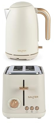 Salter Pebble Kettle & 2-Slice Toaster Set - 1.7L 3KW Rapid Boil Electric Kettle with Boil Dry Protection, 815W Wide Slot Toaster with 6 Browning Levels & Defrost/Reheat/Cancel Functions, Stone | 3000W rapid boil, 815W toaster, 6 browning levels, wide slots, defrost/reheat/cancel, boil-dry protection, auto shut-off