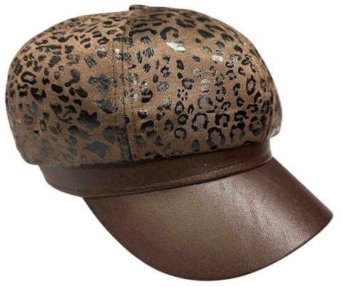 Jeamis Leopard Kunstleder Basken Mütze Bakerboy Kappe mit gebogener Schirm Newsboy Barett Hut Leo