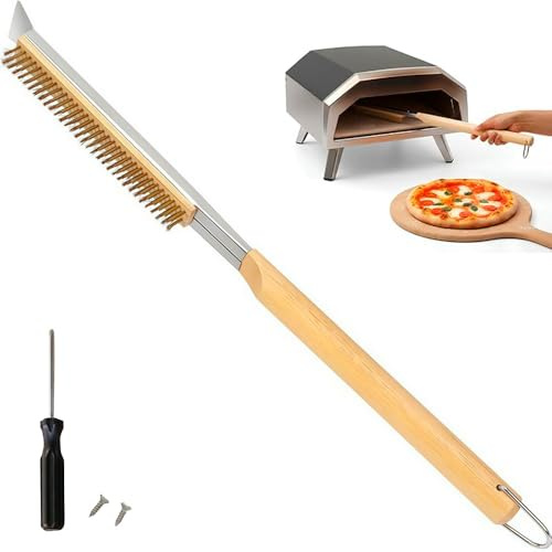Profi Pizzaofen Bürste mit Stahlschaber und Messingborsten Holzgriff, 56CM | Ofenbürste Pizzasteinbürste Zubehör für Pizzaofen Gasgrill