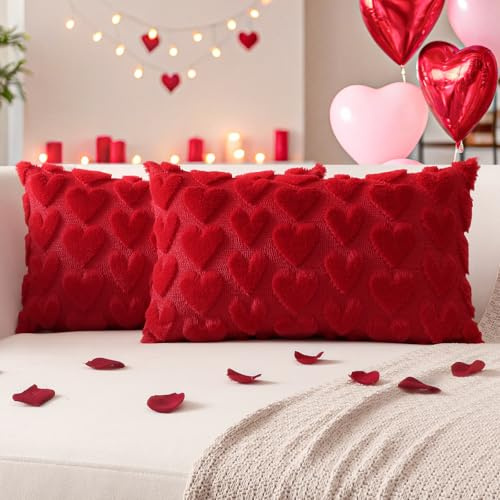 Artscope 2er Set Wolle Herz Kissenbezüge Weicher Plüsch Kurzer Wollsamt Dekokissenbezüge Valentinstag Kissenhülle Romantische Sofakissen für Liebe Sofa Schlafzimmer Rot, 40x60cm