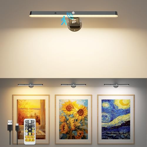 Bilderleuchte Kabellos LED Bildbeleuchtung Akku mit Bewegungsmelder, 31cm 6000mAh 3 Beleuchtungsmodi Wandleuchte,Dart Beleuchtung 3Farb Dimmbar mit Fernbedienung&Timer, für Malen,Foto,Portrait-1 Stück