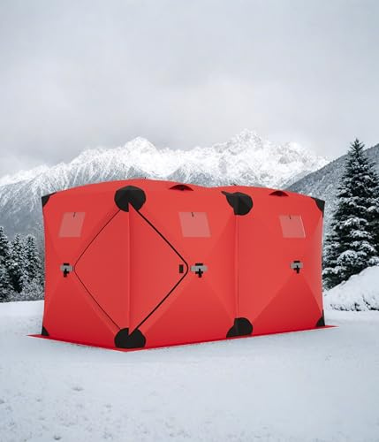 Garvee Pop Up Ice Fishing Tent Insulated Ice Fishing Shelter 140x70.8x79 Portable Hub-Style Shelter Shanty Windproof and Warm for 6 to 8 Persons, Includes Anchors, Ropes & Carry Bag, Red