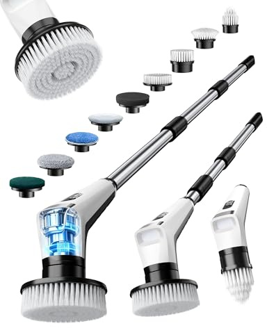 Fofile Cepillo Eléctrico de Limpieza con 9 Cabezas Intercambiables, 3 Velocidades, IPX8 Impermeable, Batería de 3000 mAh, Luz LED, Mango Telescópico, Cepillo Rotativo para Baño, Cocina, Azulejos, Auto
