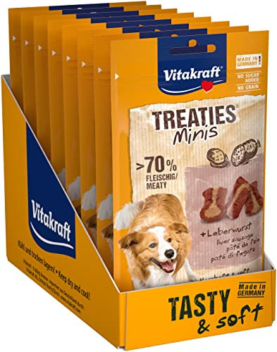 Vitakraft Treaties Minis, Hundeleckerli, weicher Hundesnack gefüllt mit Leberwurst, Hunde Trainingsleckerli, ohne Zusatz von Zucker (8x 48g)