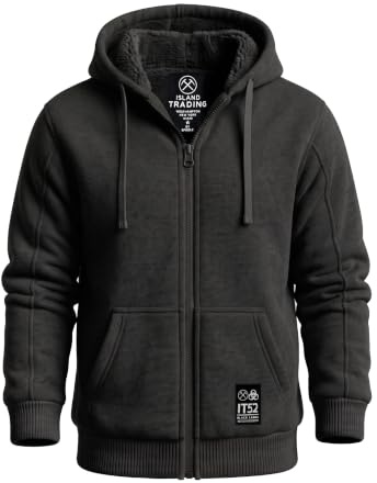 Island Trading Mens Cotton Padded Borg Fleece Sherpa Lined Full Zip Up Hoodie Sweatshirt Jacket