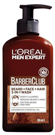 L’Oréal Paris Men Expert Cleansing 3-in-1 Beard, Face & Hair Wash 200ml, Barber Club Wash With Cedarwood Essential Oil, Deeply Cleanses and Removes Beard Flakes