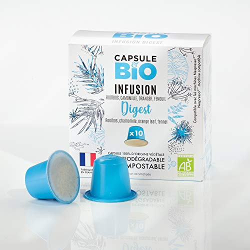 CAPSUL&BIO Infusion Digest BIO - Compatible avec les machines à Capsules Nespresso - Camomille, Fenouil, Sans Caféine - 10 Capsules Biodégradables, 100% Végétales - Fabriqué en France.