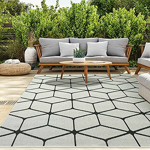 VIMODA Teppich Rauten Muster In- und Outdoor Tauglich Robuster Flachgewebe 100% Polypropylen Weiß, Maße:140x200 cm