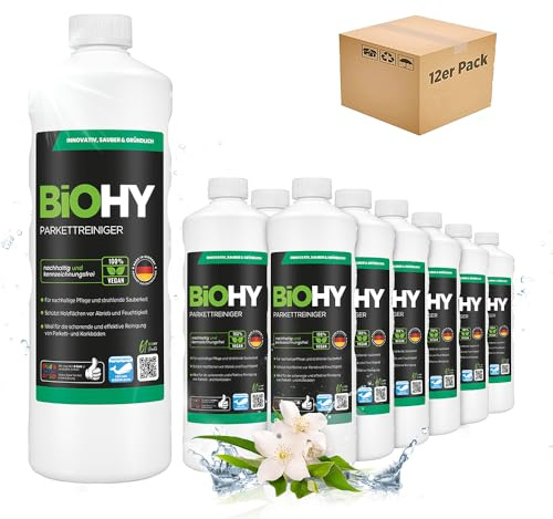 BiOHY Nettoyant pour parquet (12 x 1l Bouteille) | Idéal pour les parquets vitrifiés | Doux pour le matériel et sans effet regraissant | nettoyage sans traces (Parkettreiniger)