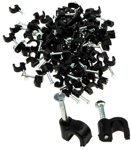 enTie Grapas para Cable Redondo Negro de 4 mm con Clavos de Alto Impacto - Fijaciones Seguras para Cables [Pack de 100]