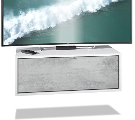 Vladon TV Board Lana 80 Hängeschrank Lowboard 80 x 29 x 37 cm, Made in Germany, Korpus in Weiß matt, Fronten in Beton Oxid Optik | Große Farbauswahl