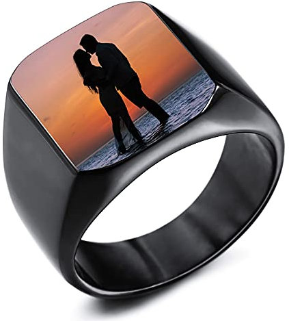 MeMeDIY Personalisierter Siegelring Benutzerdefinierte Gravur Farbfoto für Männer Frauen Junge Mädchen Bester Freund Edelstahlband Jubiläumsgeschenk mit Ringgrößeneinstellern (Gold Farbe größe 60)