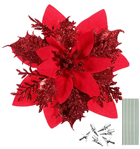 NUOBESTY 12 StüCk KüNstliche Weihnachtsblumen Glitzernde Weihnachtssterne FüR Weihnachtsbaum Thanksgiving Feiertags TüRdekorationen