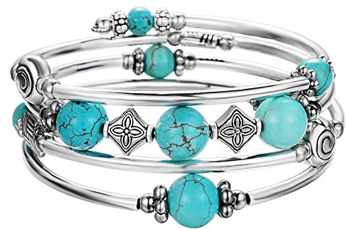 Bulinlin Damen Wickelarmband mit Achat Stein Silber Mehrschichtiges Perlen Armbänder Geburtstags Modeschmuck Geschenk für Frauen(Turquoise)