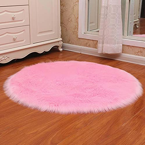 Rund Faux Lammfell Schaffell Teppich Super weich Modern Fellteppich Deko Fell Teppiche für Kinderzimmer Wohnzimmer Stuhl Couch rutschfest (Rosa,110x110cm)