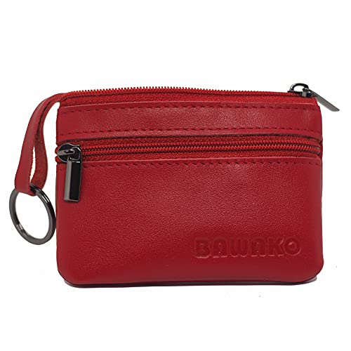 BAWAKO Münzbörse aus echtem Leder, Klein Münzen Geldbörse für Herren und Damen, mit Zwei Fächern, Reißverschluss, Schlüsselanhänger，Mini Coin Purse Wallet, Portemonnaie, S (Rot)