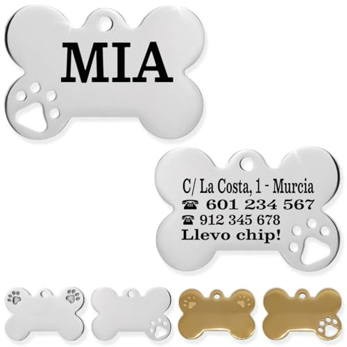 Ibera Gifts - Chapa Perro Grabada De Acero Inoxidable En Forma De Hueso, Tamaño 37 x 24 mm, Placa Perro Personalizada Para Perros Medianos Hasta Grandes (Gr. 1 Huella)