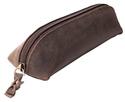 Anders Leder Federmäppchen Stifteetui Lederetui mit Reißverschluss (Braun-oval)