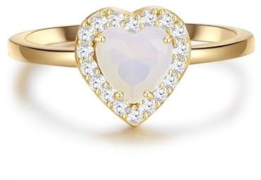GLANZSTÜCKE MÜNCHEN Damen Herz-Ring 925/- Sterling Silber gelbvergoldet mit Mondstein (synth.) Zirkonia weiß - Motivring Silberring Solitärring