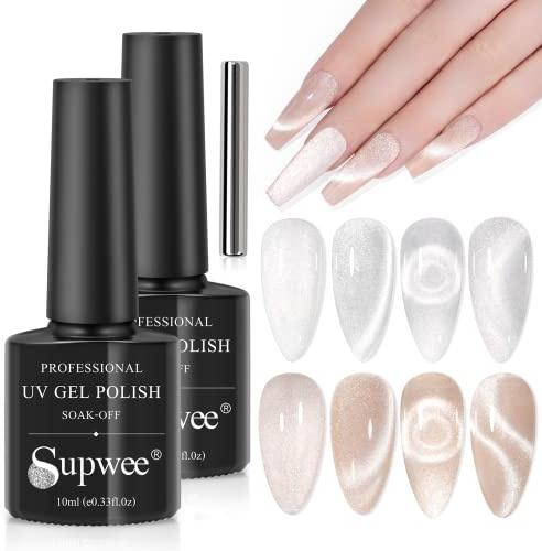 Supwee 9D Wide Cat Eye Gel Nagellack 2 Farben Silber Champagner Magnetischer Nagellack Glitzernder Magnetischer Gellack Soak Off UV Gel Cat Eye Effekt mit Magnetstift