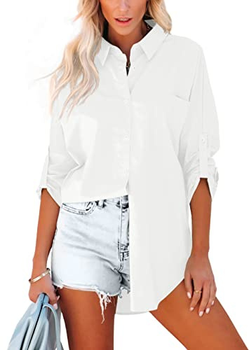 Homlan Camicia da Donna in Cotone, a Maniche Lunghe, Arrotolabile, Elegante, Casual, con Bottoni, Tinta Unita, a Maniche Lunghe, con Tasche sul Petto, Bianco, S