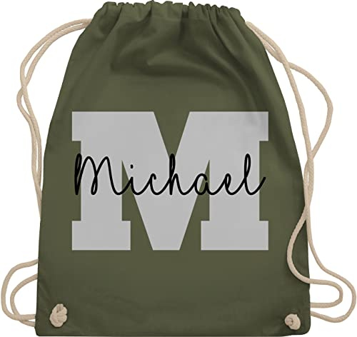 Turnbeutel Rucksack - Anfangsbuchstaben Name I Persönliches Geschenk Personalisiert mit Namen bedrucken I Initialen I Custom Buchstabe I Wunschname - Unisize - Olivgrün - schulkind beutel