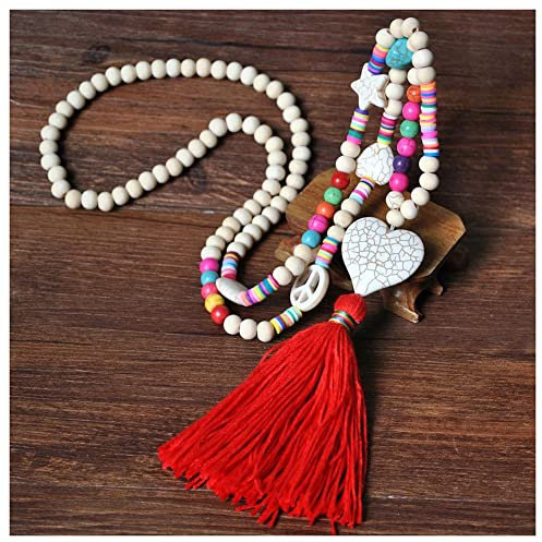SHTGOI Damen Holzperlen Halskette Böhmisches Lange Pullover Kette Vintage Handgefertigte Halsketten mit Quaste Anhänger Halsschmuck Schmuck Zubehör Bekleidung Accessoires Geschenke 1#