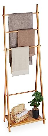 Relaxdays Handtuchständer Bambus, 4 Stangen, 1 Ablage, HBT: 153 x 53,5 x 30 cm, freistehend, Duschtuchhalter Bad, Natur