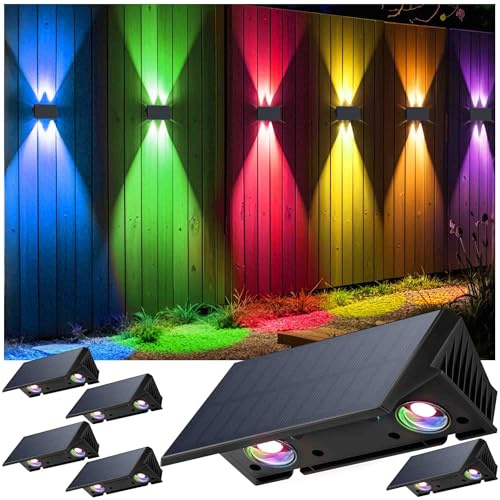 Fence Lights Solar Powered, 6-Pack Solar Fence Lights Up/Down Flexible Buttons, IP67 Waterproof for Outdoor, 100LM Bright, Auto Dusk to Dawn for Wall/Stairs/Yard/Railing/Deck/Pathway (White & RGB)