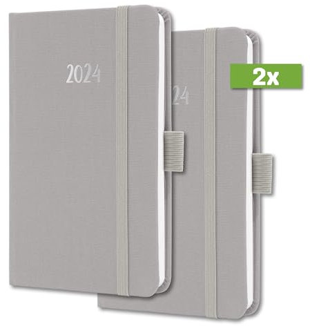 SIGEL J4402/2 Wochenkalender Jolie 2024, ca. A6, grau, Hardcover mit Textileinband, Gummiband, Stiftschlaufe, Einstecktasche, 174 Seiten, aus nachhaltigem Papier, Terminplaner, 2 Stück