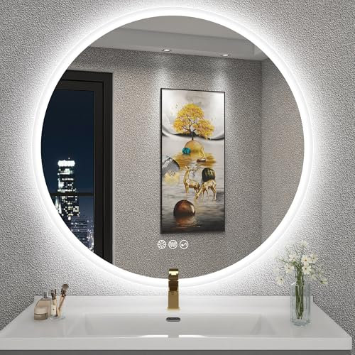 S'bagno Runder-Badspiegel-mit-Beleuchtung-80cm, Badezimmerspiegel-mit-Beleuchtung-und-Bluetooth, Entfoggen, 3000K/4000K/6500K, Dimmbar, HD-gehärtetes Glas, Speicherfunktion, IP44