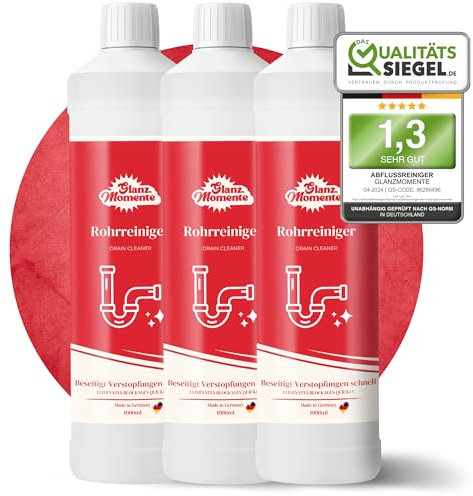 GLANZMOMENTE® Rohrreiniger 3x1000ml – POWER FORMEL – Rohrfrei Extra Stark – Gegen Haare und Rohrschlamm – Materialschonend – Drain Cleaner – Abflussfrei - Verstopfung Abfluss – Made in Germany