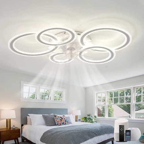 Fachae Dünn Reversibel Deckenventilator Mit Beleuchtung Alexa-kompatibel | Deckenlampe mit Ventilator,Leise Led Dimmen 6 Geschwindigkeit 86cm,Deckenleuchte mit Ventilator,Schwarze App-Fernbedienung