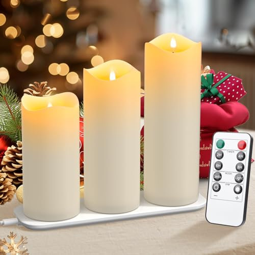 EXTSUD Ensemble de 3 Bougies LED en Vraie Cire Rechargeables avec Effet Scintillant, Station de Charge et Télécommande, Décorations Sans Flamme pour Noël, Mariages, Fêtes et Plus