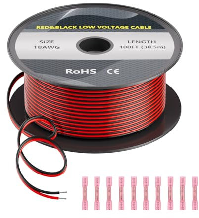 18 AWG Electrical Wire - 100FT/30m 2 Conductors Parallel Red Black Extension Cable Cord, Tinned Copper Wire Electric Cable with 10 Connectors for Led Strips/Speakers/Lamps